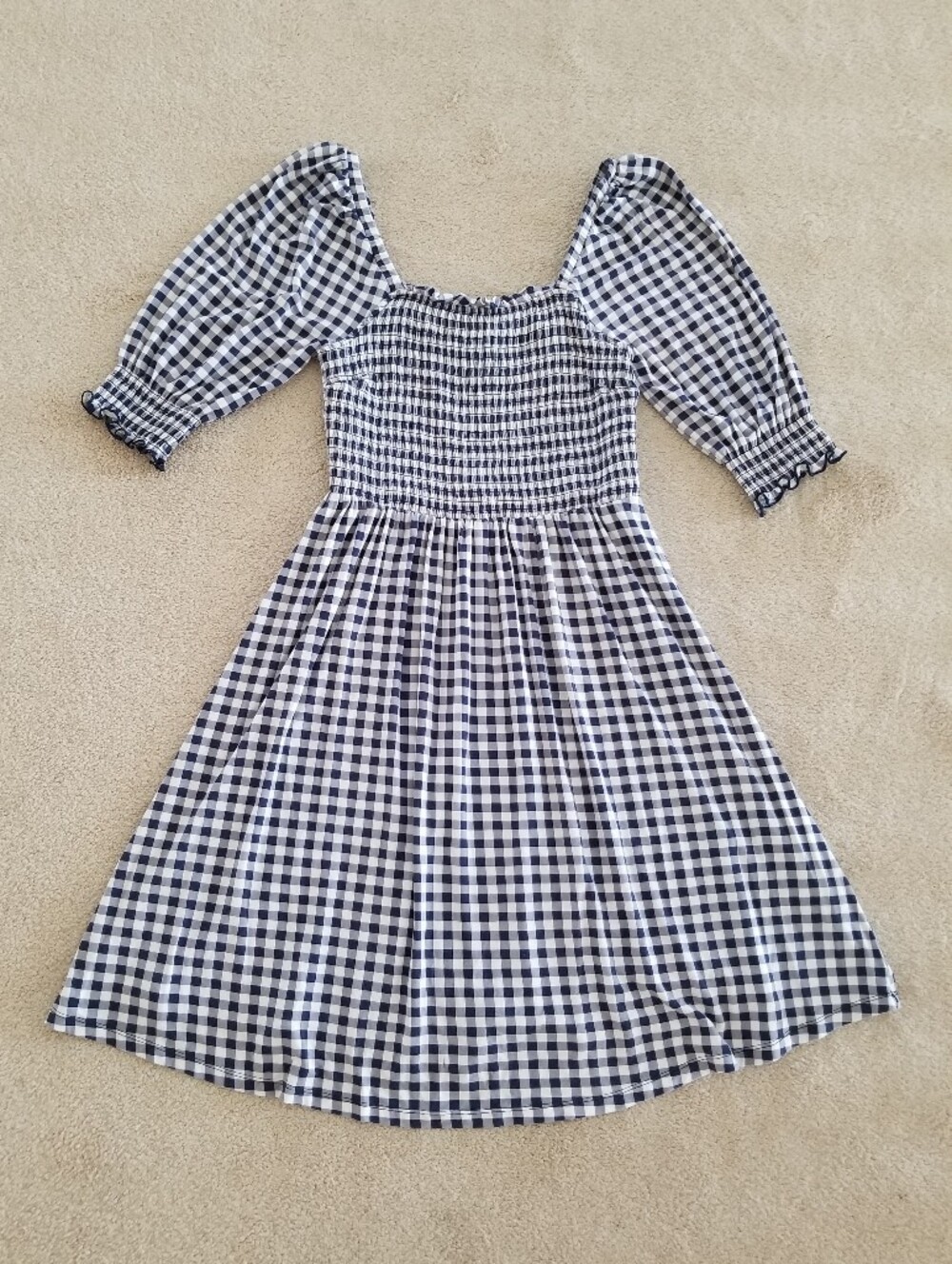 Draper James Jo Dee Blue White Gingham Puff-Sleeve Smocked Cottage Dress Size XS